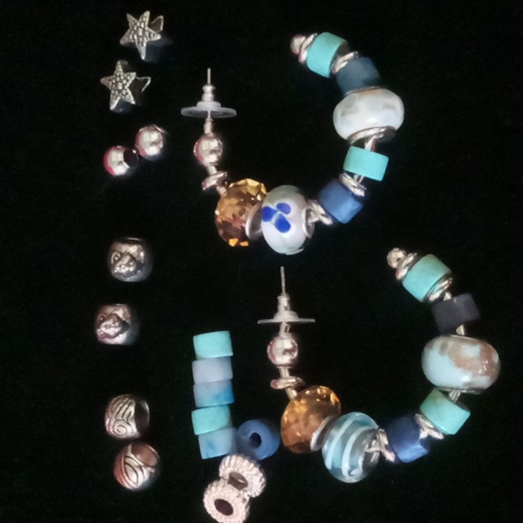 Glass beaded charm earrings . Interchangable beads 3/4 hoop. Stainless steel - Picture 1 of 8